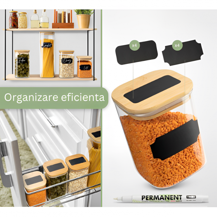 Set 4 recipiente din sticla cu capac din bambus pentru depozitarea alimentelor, 8 etichete si un marker incluse, Transparent/ Bej, 1000 ml + 1400 ml + 2450 ml [4]