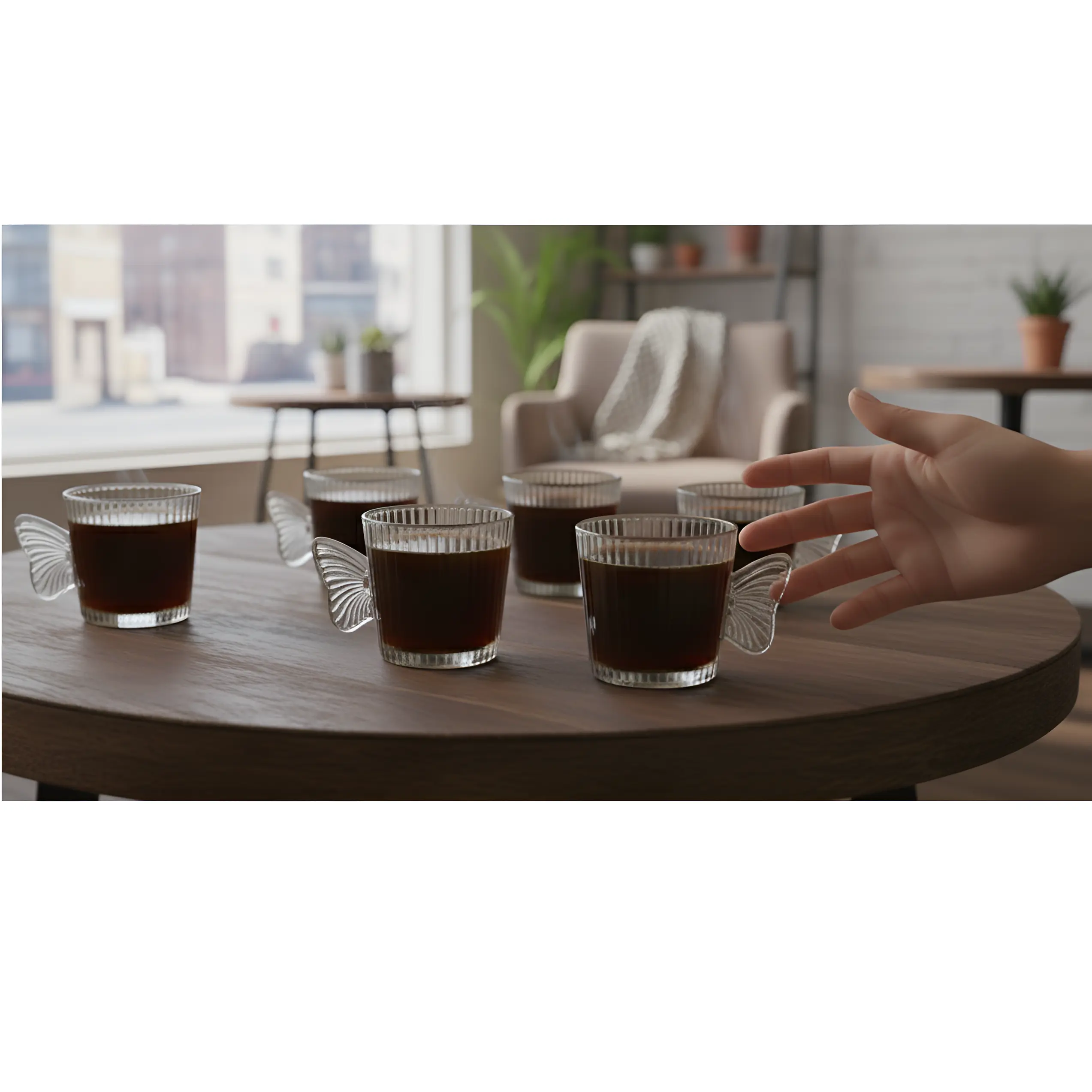 Set 6 cani, din sticla, model in relief, maner in forma de fluture, Transparent, 120 ml [4]