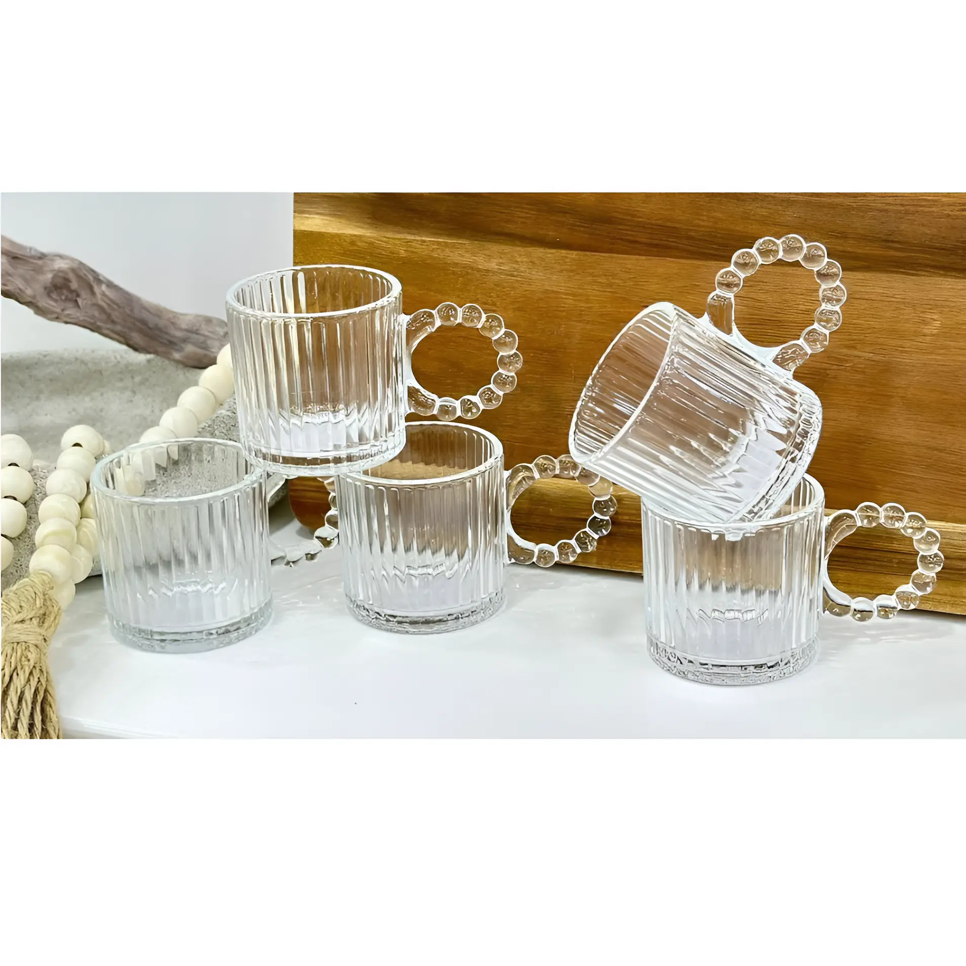 Set 6 cani, din sticla, model in relief, maner tip margele, Transparent, 110 ml [6]