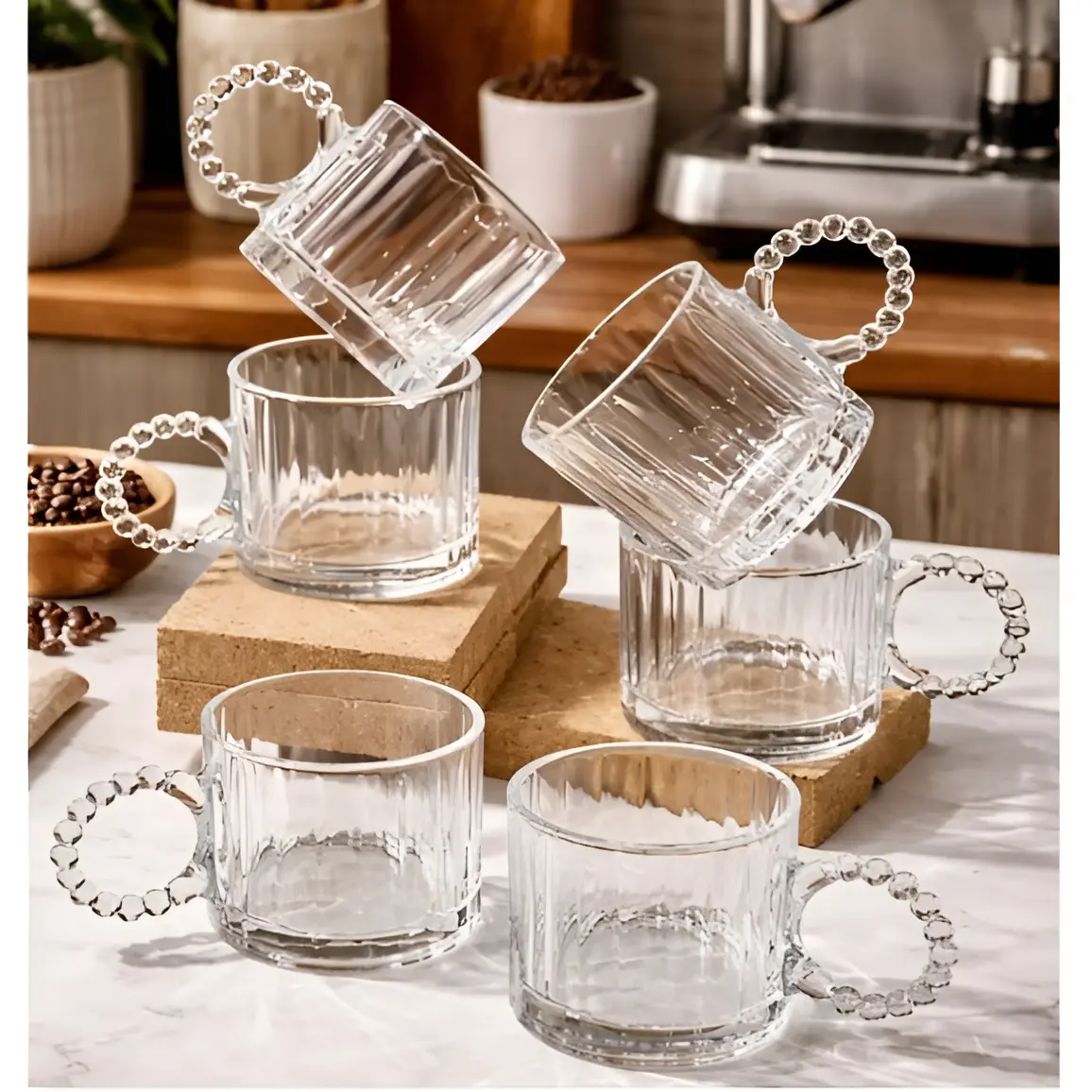 Set 6 cani, din sticla, model in relief, maner tip margele, Transparent, 110 ml [2]