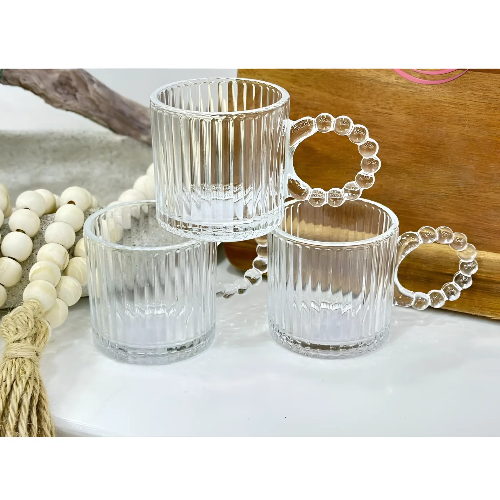 Set 6 cani, din sticla, model in relief, maner tip margele, Transparent, 110 ml [3]