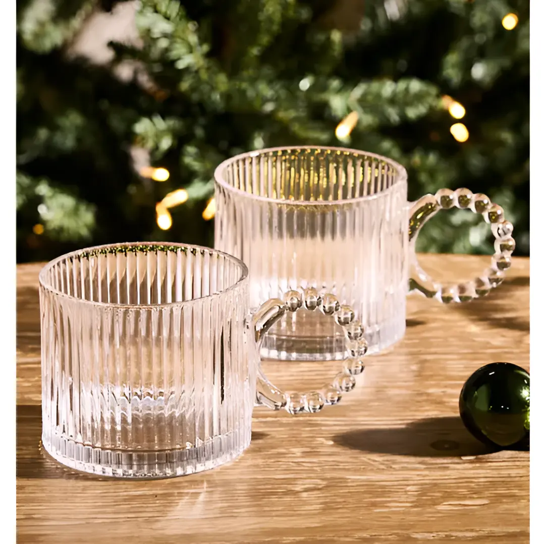 Set 6 cani, din sticla, model in relief, maner tip margele, Transparent, 110 ml [5]