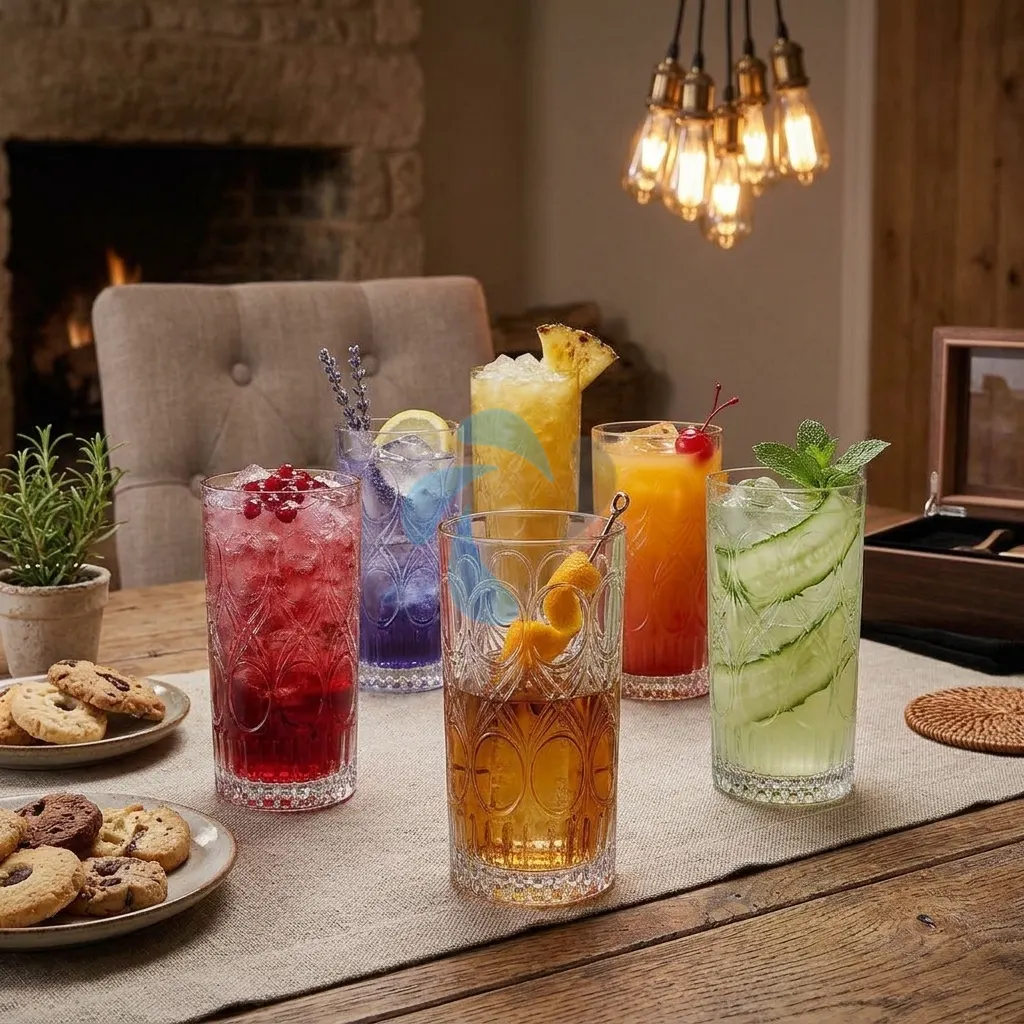 Set 6 pahare pentru suc și cocktailuri, din sticlă, model decorativ, Transparent, 355 ml [4]