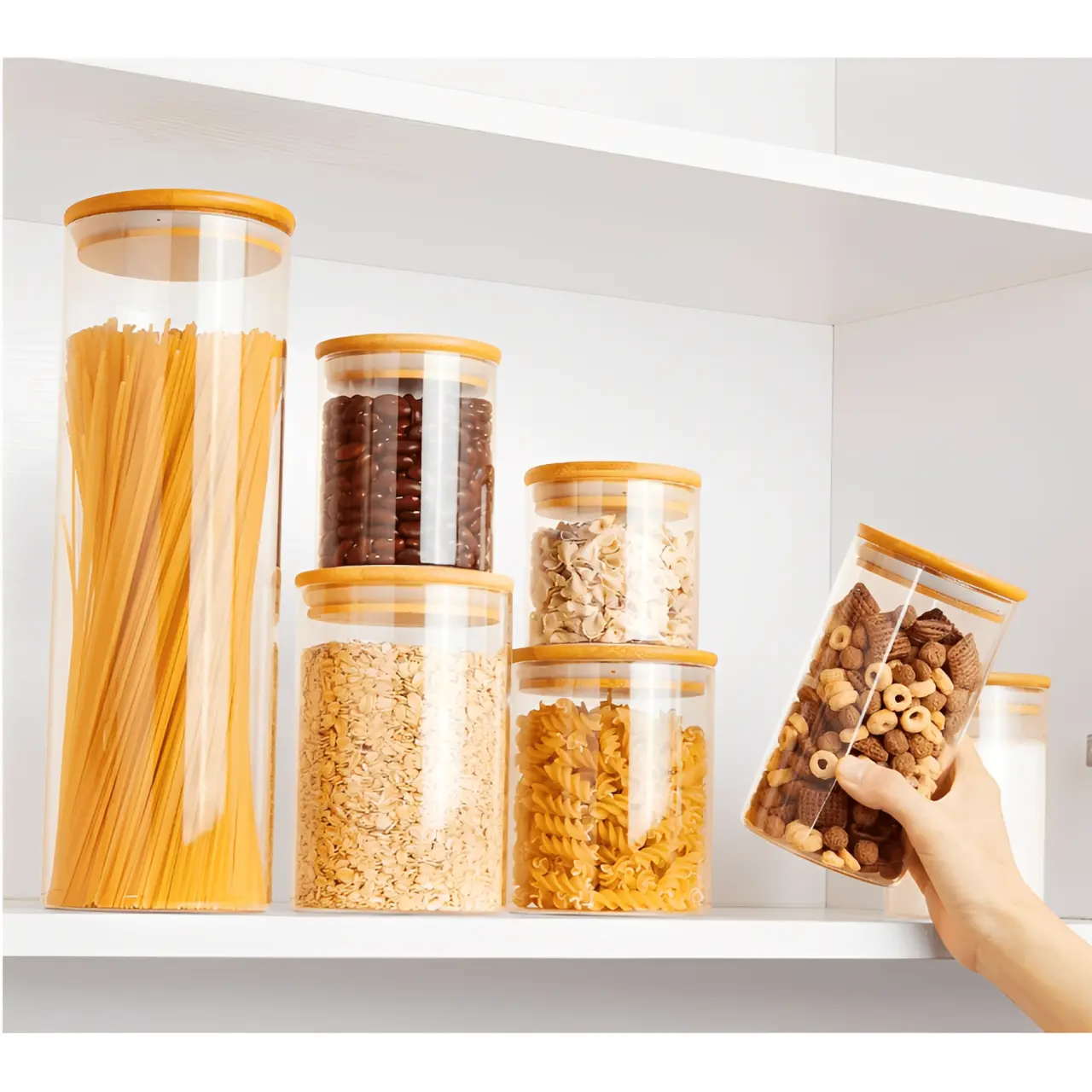 Set 7 borcane de sticla, cu capac de bambus, diferite marimi, etichete, marker, lingurite din plastic, Transparent/Maro, depozitare, organizare, 13 piese [3]