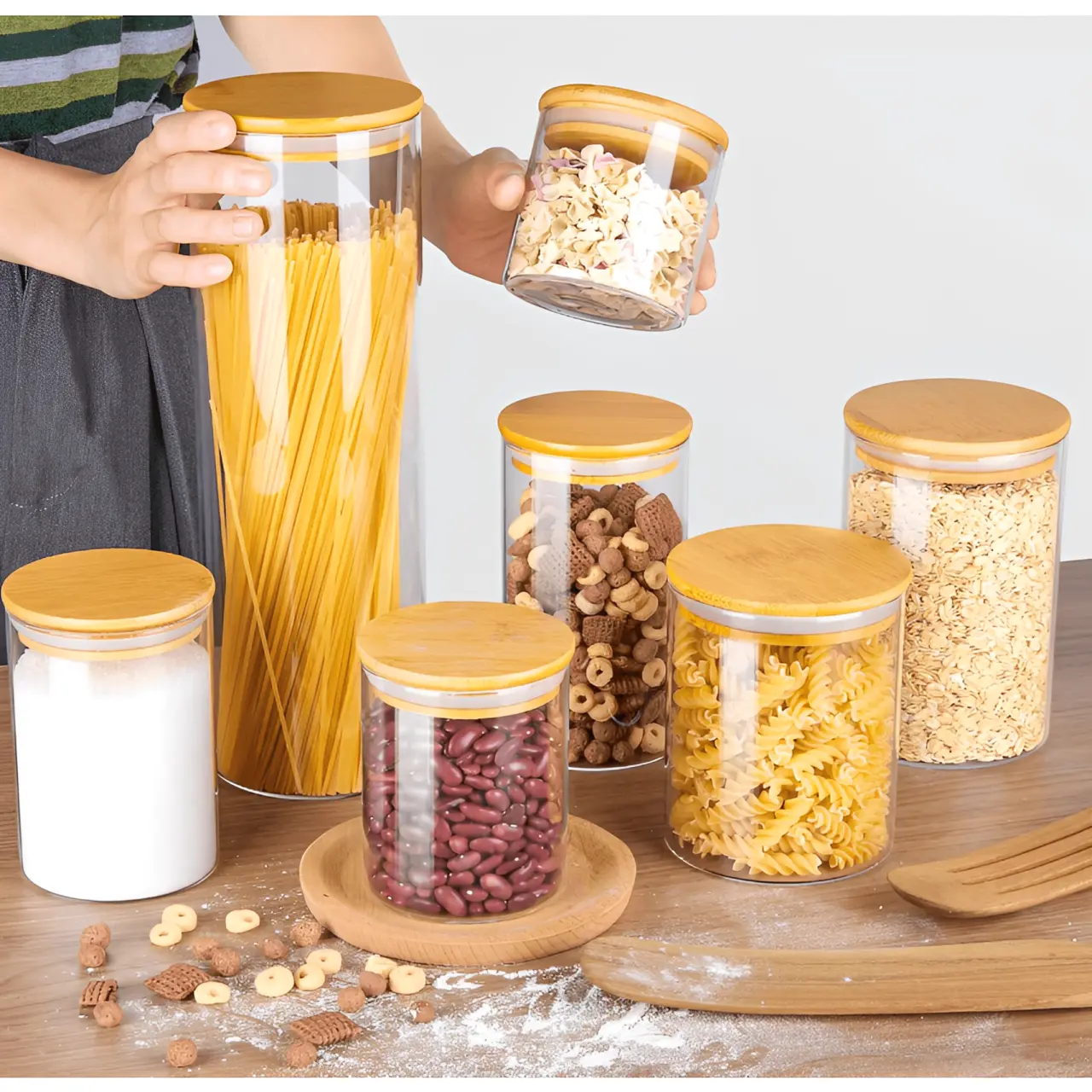 Set 7 borcane de sticla, cu capac de bambus, diferite marimi, etichete, marker, lingurite din plastic, Transparent/Maro, depozitare, organizare, 13 piese [2]