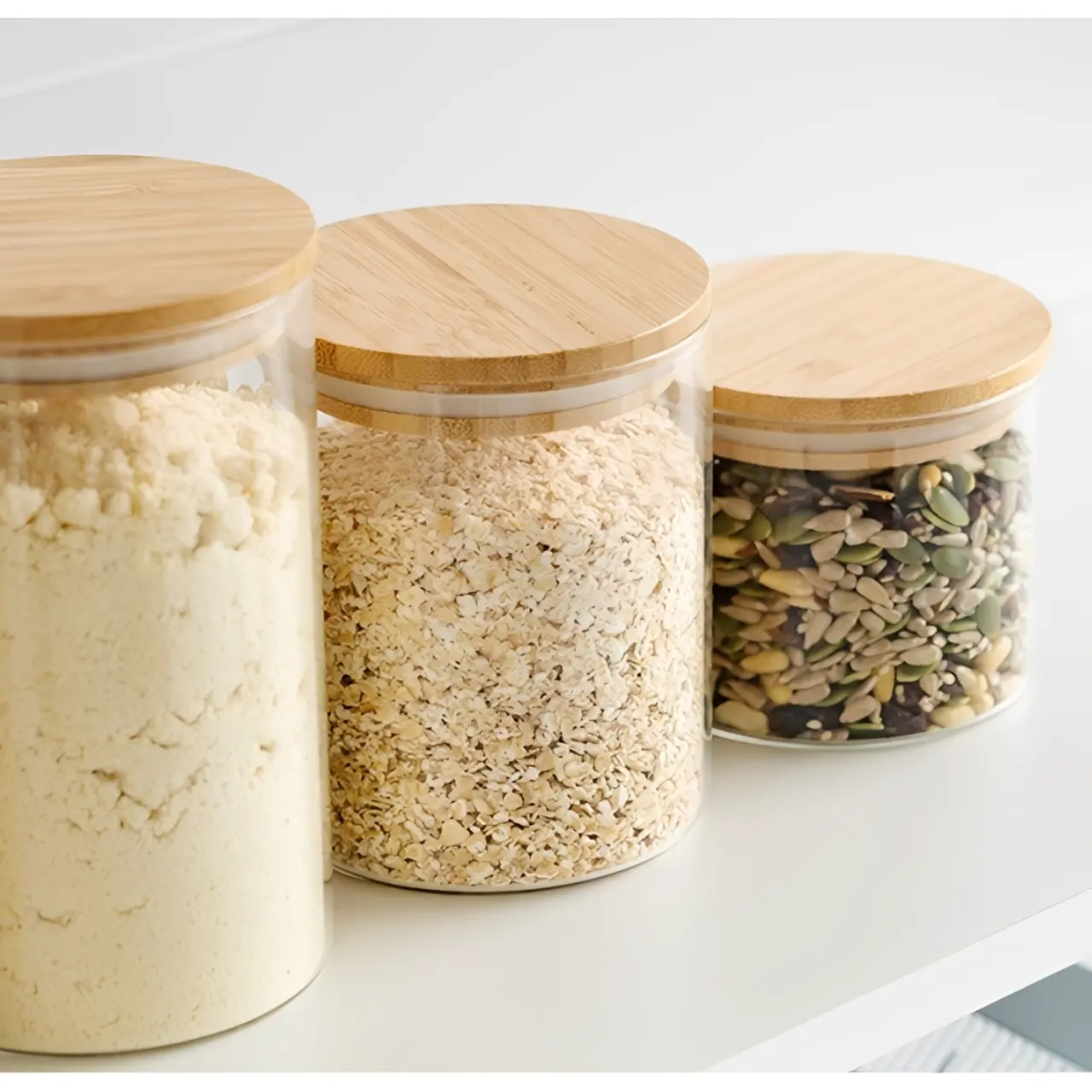 Set 7 borcane de sticla, cu capac de bambus, diferite marimi, etichete, marker, lingurite din plastic, Transparent/Maro, depozitare, organizare, 13 piese [4]