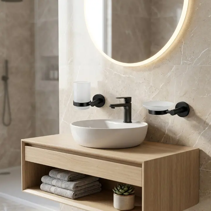 Set accesorii pentru baie, din alama, bara pentru prosoape, suport hartie igienica, suport cu pahar din sticla, sapuniera din sticla, agatatoare dubla, suport pentru prosop maini, Negru, 6 piese [6]