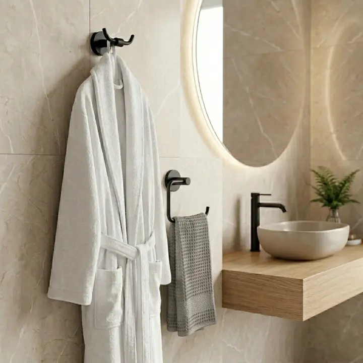 Set accesorii pentru baie, din alama, bara pentru prosoape, suport hartie igienica, suport cu pahar din sticla, sapuniera din sticla, agatatoare dubla, suport pentru prosop maini, Negru, 6 piese [4]