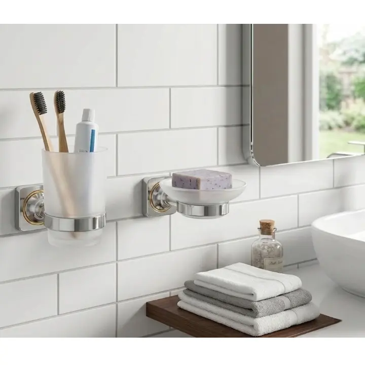 Set accesorii pentru baie, din alama, bara pentru prosoape, suport hartie igienica, suport cu pahar din sticla, sapuniera din sticla, agatatoare, săpunieră tip grătar sau suport burete, Argintiu, 6 piese [5]