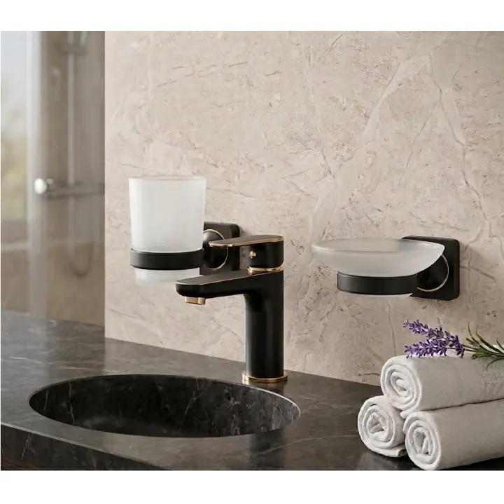 Set accesorii pentru baie, din alama, bara pentru prosoape, suport hartie igienica, suport cu pahar din sticla, sapuniera din sticla, agatatoare, săpunieră tip grătar sau suport burete, Negru, 6 piese [2]