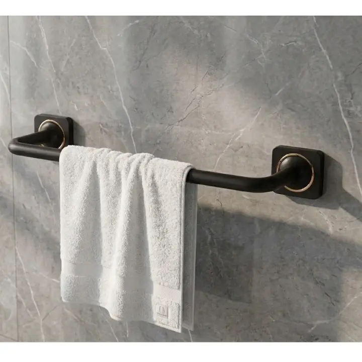 Set accesorii pentru baie, din alama, bara pentru prosoape, suport hartie igienica, suport cu pahar din sticla, sapuniera din sticla, agatatoare, săpunieră tip grătar sau suport burete, Negru, 6 piese [6]