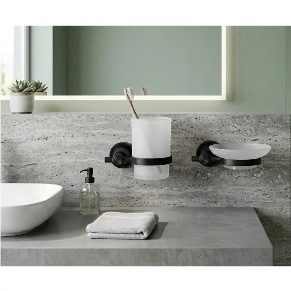 Set accesorii pentru baie, din aluminiu, bara pentru prosoape, suport hartie igienica, suport cu pahar din sticla, sapuniera din sticla, agatatoare dubla, suport pentru prosop maini, Negru, 6 piese [5]