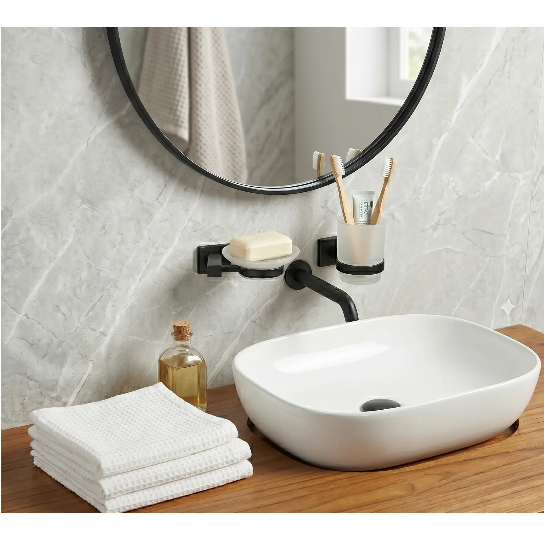 Set accesorii pentru baie, din zinc, bara pentru prosoape, suport hartie igienica, suport cu pahar din sticla, sapuniera din sticla, agatatoare, inel prosop maini, Gri, 6 piese [4]