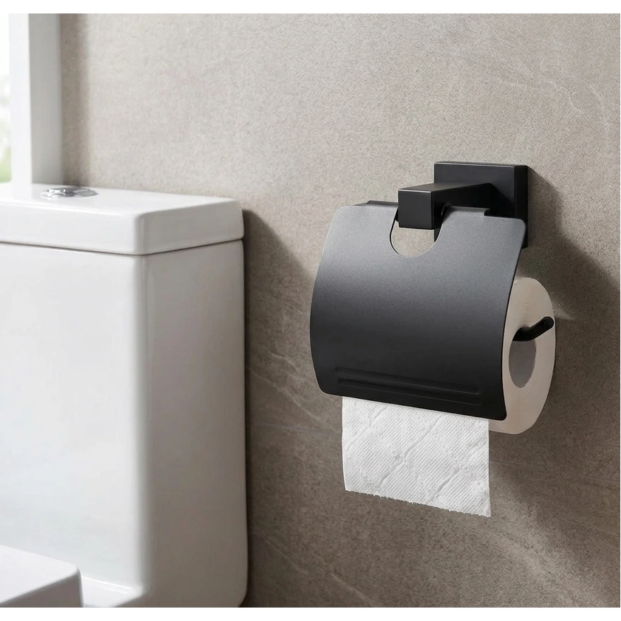 Set accesorii pentru baie, din zinc, bara pentru prosoape, suport hartie igienica, suport cu pahar din sticla, sapuniera din sticla, agatatoare, inel prosop maini, Negru, 6 piese [3]