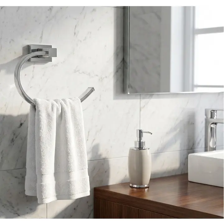 Set accesorii pentru baie, din zinc, bara pentru prosoape, suport hartie igienica, suport cu pahar din sticla, sapuniera din sticla, agatatoare, săpunieră tip grătar sau suport burete, Argintiu, 6 piese [3]