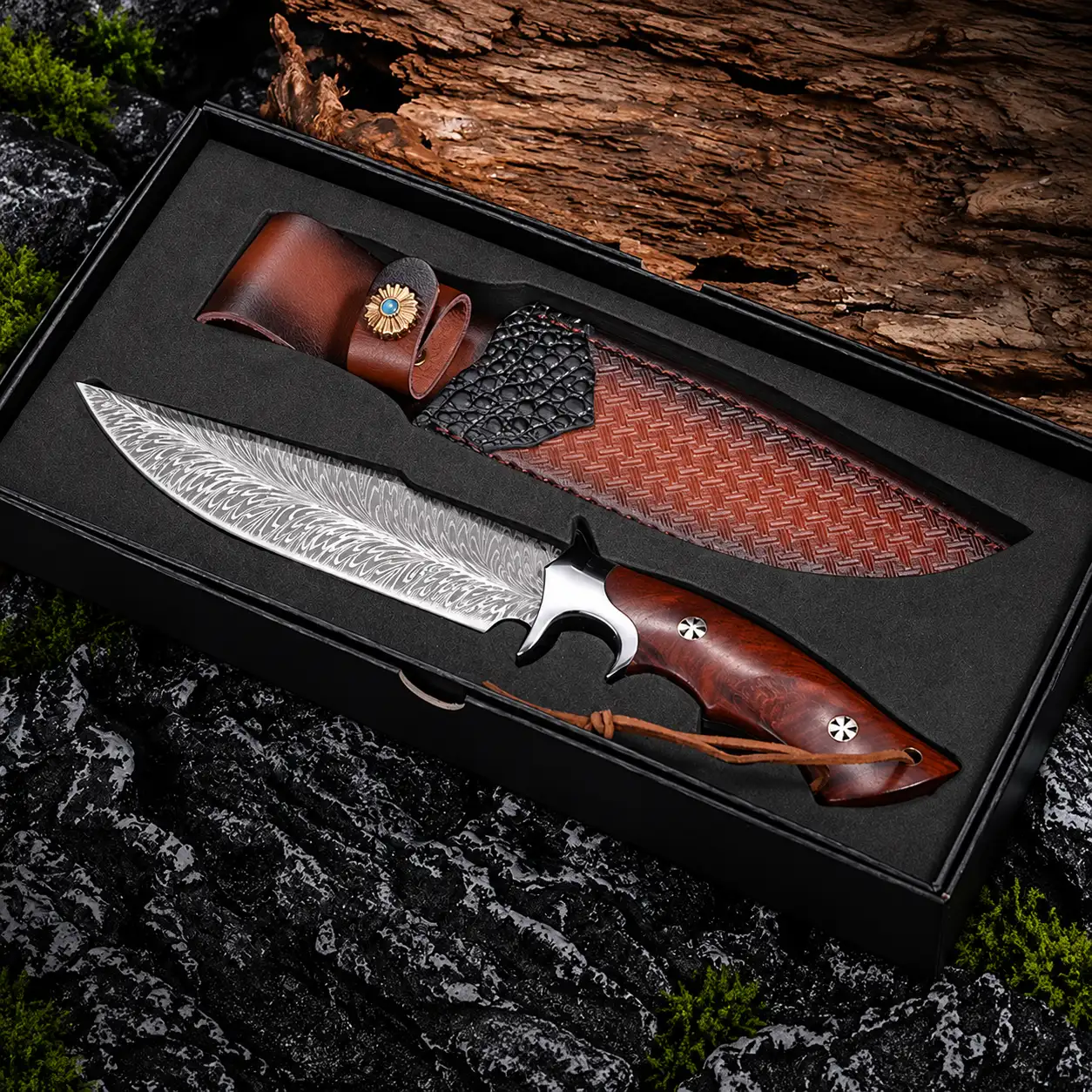 Set cutit cu husa, lama cu model, maner din lemn, ornamente maner si husa, elegant, cadou ideal, pentru camping, lungime lama 16 cm, lungime totala 28 cm [5]