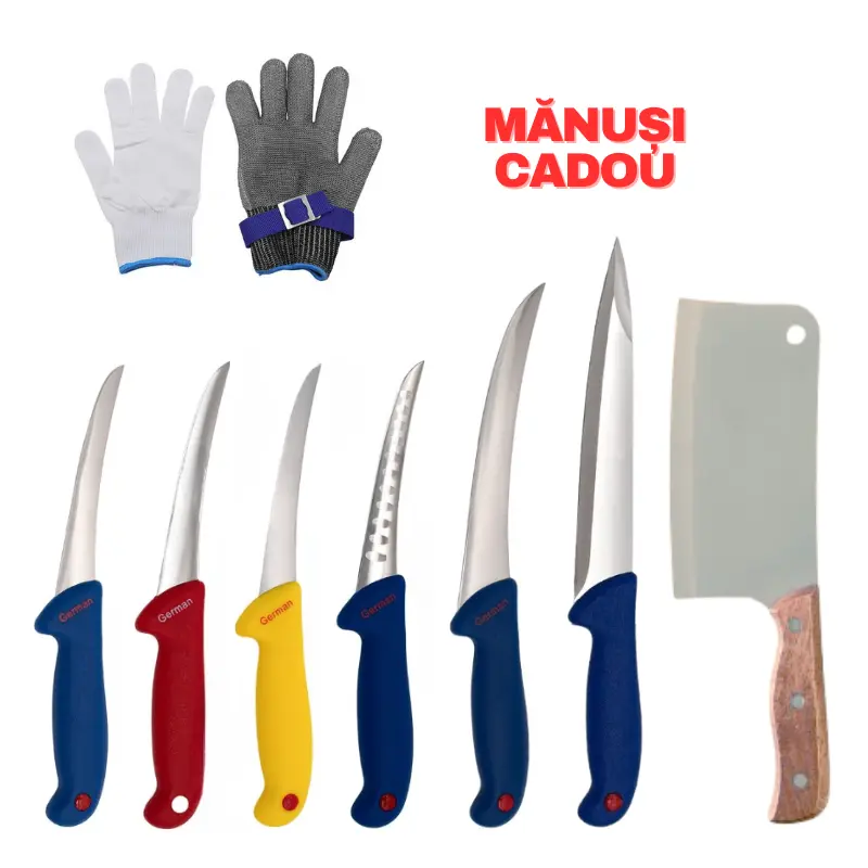 Set cutite de macelarie, set complet cu satar, manusi de protectie, manere colorate, 8 piese [1]