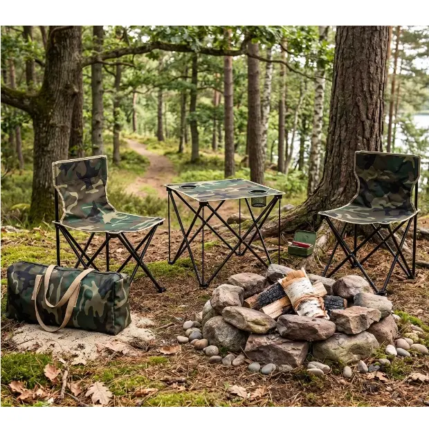 Set de camping portabil, 2 scaune pliabile, masa pliabila, geanta de transport, model camuflaj, 4 piese [2]