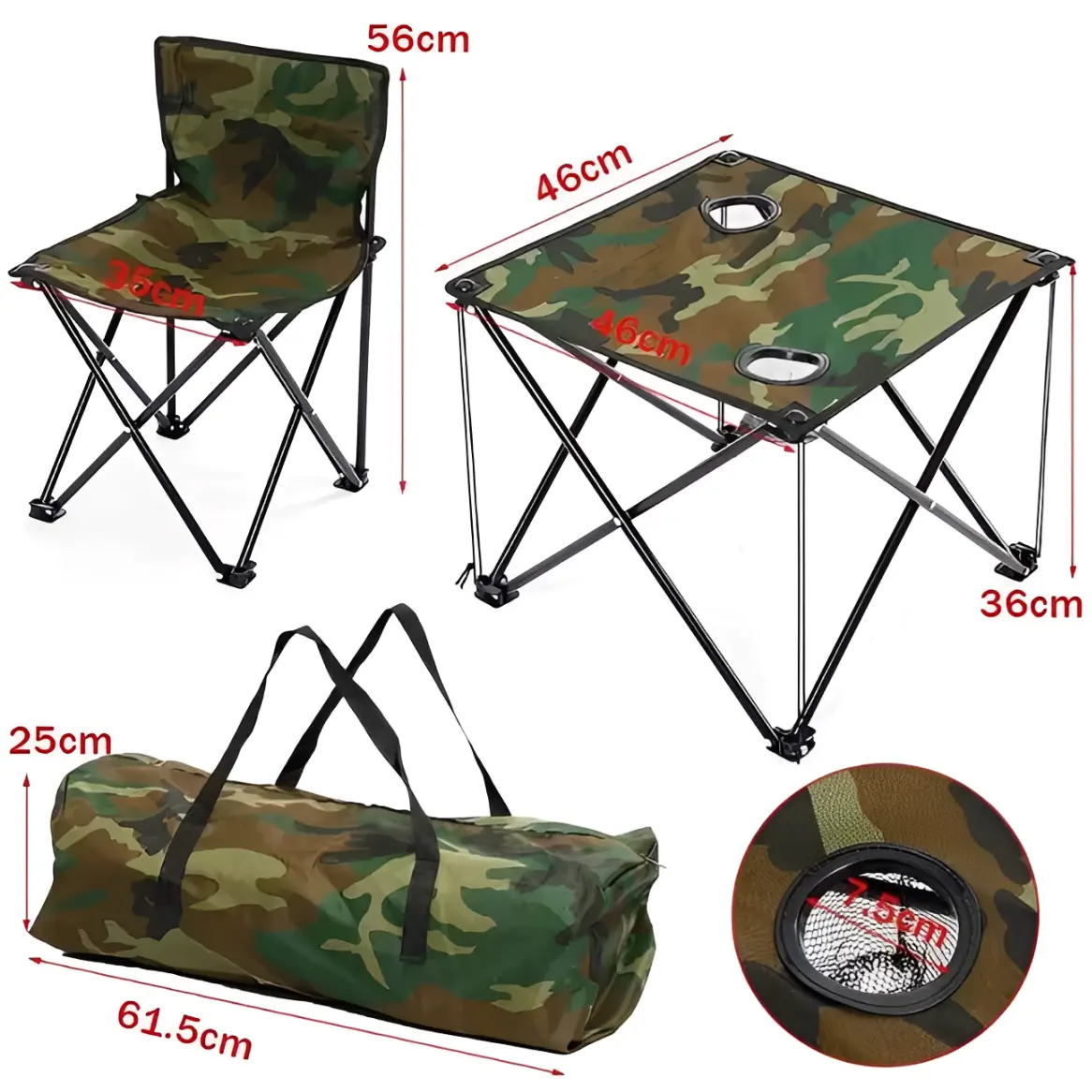 Set de camping portabil, 2 scaune pliabile, masa pliabila, geanta de transport, model camuflaj, 4 piese [6]
