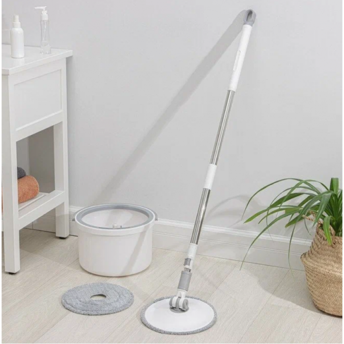 Set de mop rotativ cu galeata, storcator, mop rotund cu microfibra, 2 lavete incluse, Gri / Alb [8]