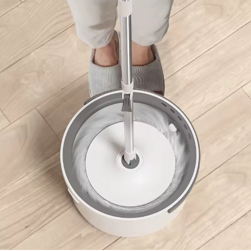 Set de mop rotativ cu galeata, storcator, mop rotund cu microfibra, 2 lavete incluse, Gri / Alb [4]