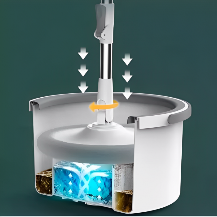 Set de mop rotativ cu galeata, storcator, mop rotund cu microfibra, 2 lavete incluse, Gri / Alb [7]