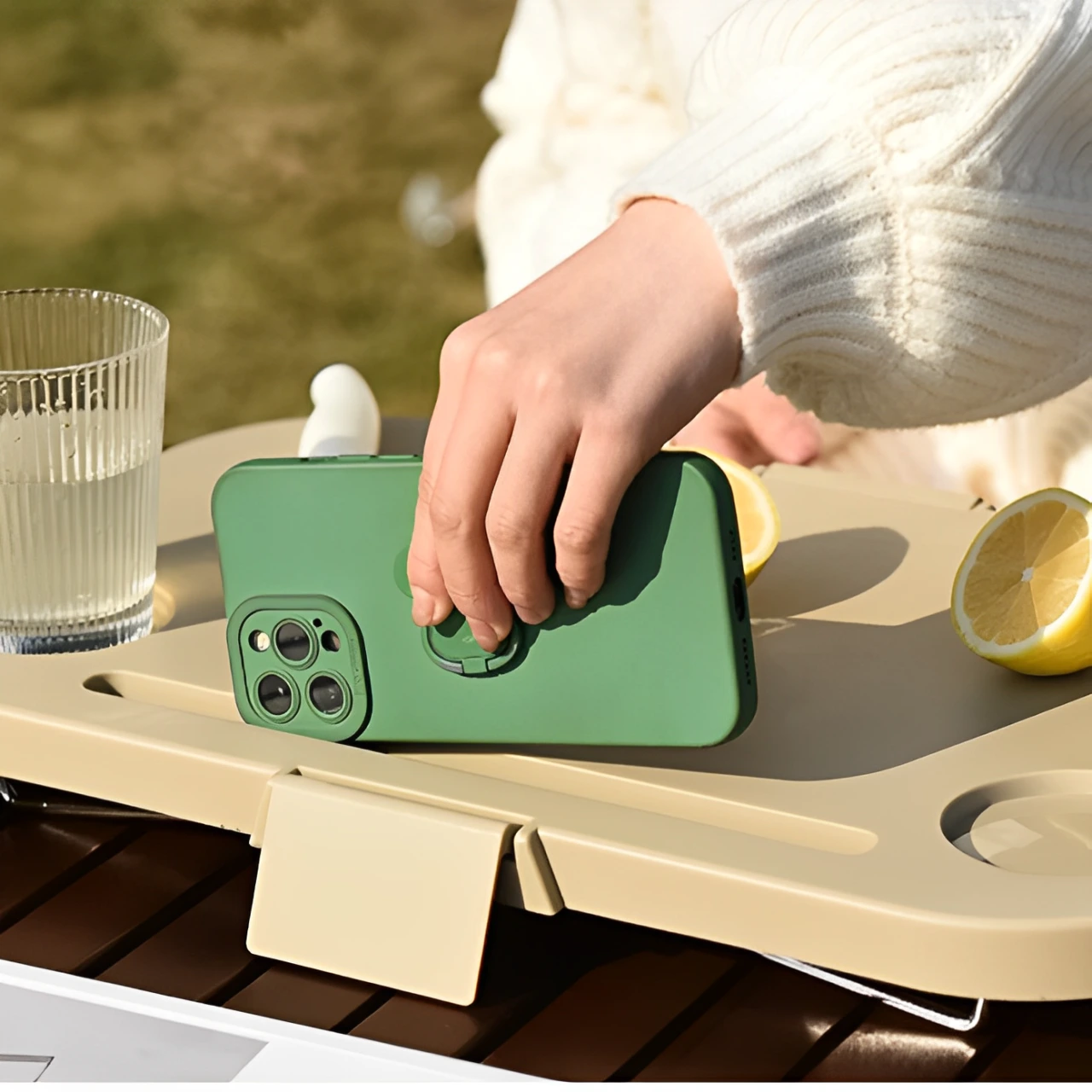 Set masuta camping pliabila, cos pliabil cu capac, pentru picnic, Bej, 2 piese [3]