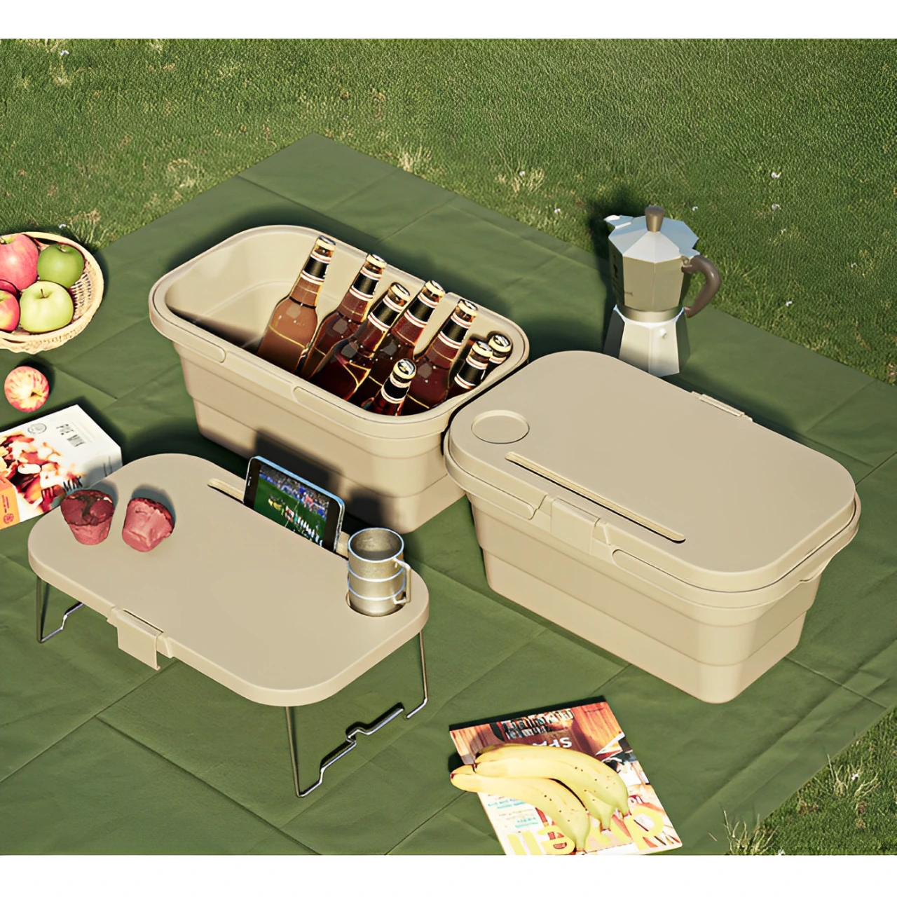 Set masuta camping pliabila, cos pliabil cu capac, pentru picnic, Bej, 2 piese [4]
