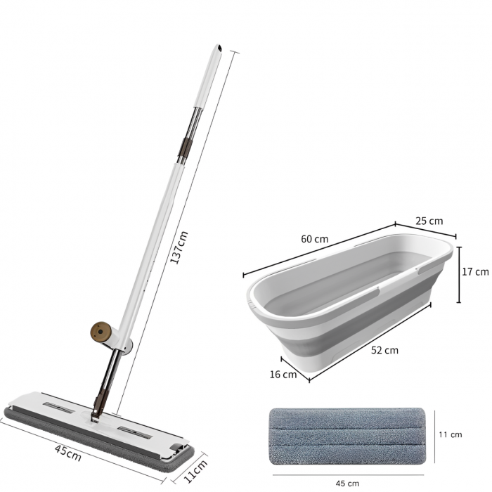 Set mop plat cu storcător, galeată pliabilă cu roți, 4 lavete microfibră, Alb/Gri, 8 litri [2]