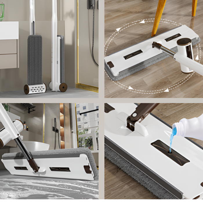 Set mop plat cu storcător, galeată pliabilă cu roți, 4 lavete microfibră, Alb/Gri, 8 litri [3]