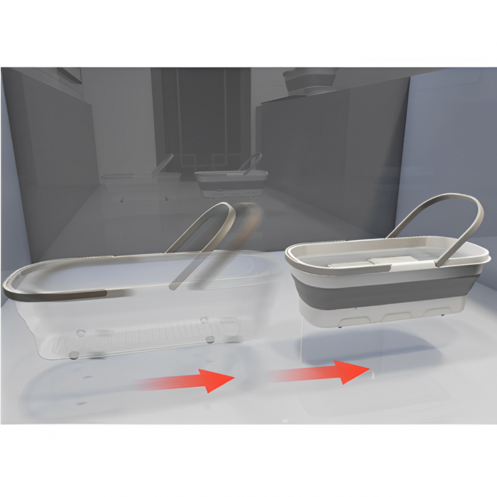 Set mop plat cu storcător, galeată pliabilă cu roți, 4 lavete microfibră, Alb/Gri, 8 litri [6]