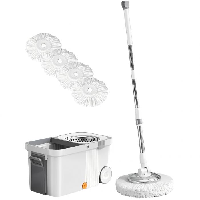 Set mop rotativ cu galeată cu roți și storcător centrifugă, Alb/Gri, 10L, 4 lavete incluse [2]