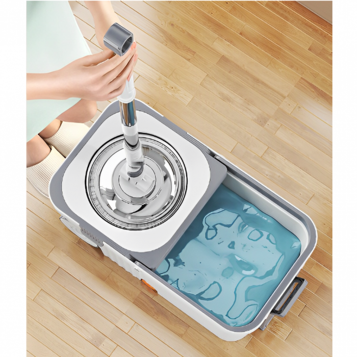 Set mop rotativ cu galeată cu roți și storcător centrifugă, Alb/Gri, 10L, 4 lavete incluse [5]