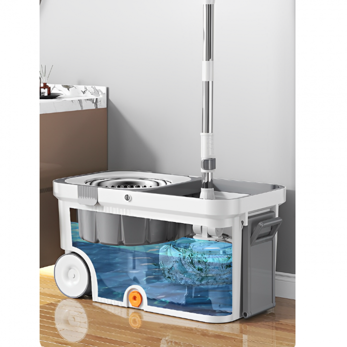 Set mop rotativ cu galeată cu roți și storcător centrifugă, Alb/Gri, 10L, 4 lavete incluse [4]