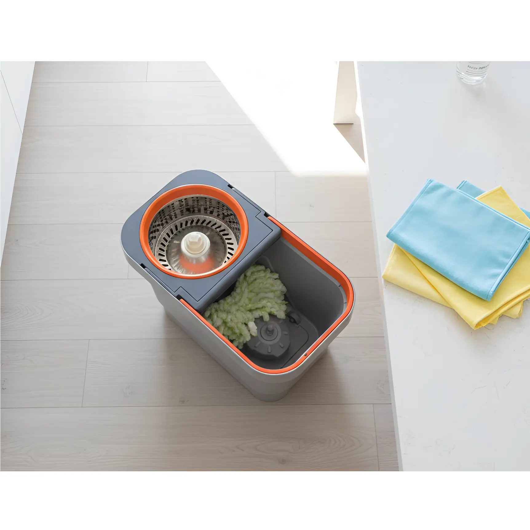 Set mop rotativ cu galeată și storcător centrifugă, Portocaliu/Gri, 10L, 2 lavete incluse [5]