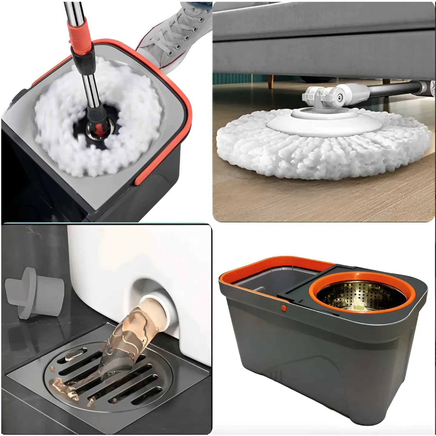 Set mop rotativ cu galeată și storcător centrifugă, Portocaliu/Gri, 10L, 2 lavete incluse [6]