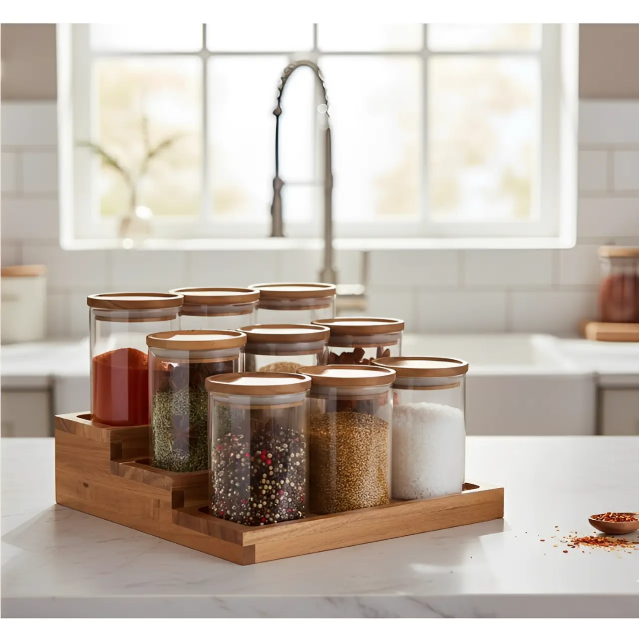 Set organizator de condimente din Acacia, 9 borcane din sticla, capac din Acacia, Transparent/Maro, 10 piese [4]