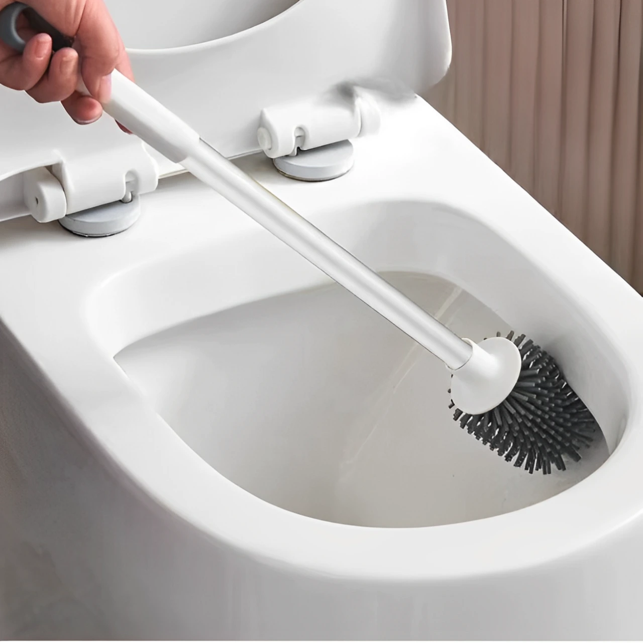 Set perie de toaleta si recipient cu adeziv, plastic, peri din silicon moale, flexibili, Alb/Gri, 10 x 52.5 cm [3]