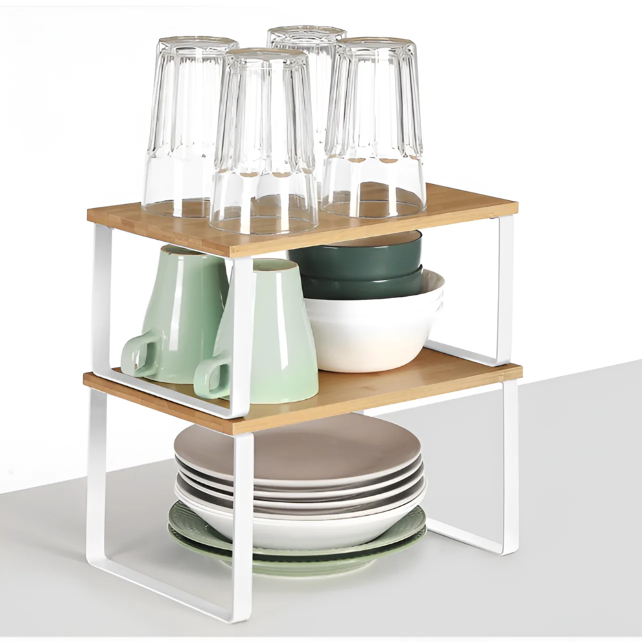 Set rafturi de bucatarie,stivuibile, depozitare condimente, cani, din metal si bambus, Alb/Maro, 2 buc [6]