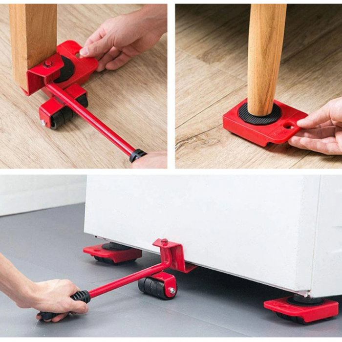 Set suport cu roti pentru mutat mobila, electrocasnice, Rosu/Negru, 5 piese [6]