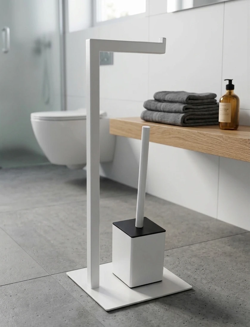 Set suport hartie igienica, baza dreptunghiulara, suport perie de toaleta si perie de toaleta, din inox, Alb, 22 x 18 x 60 cm [2]