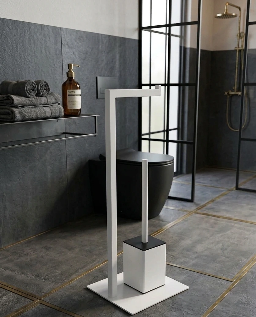 Set suport hartie igienica, baza dreptunghiulara, suport perie de toaleta si perie de toaleta, din inox, Alb, 22 x 18 x 60 cm [4]