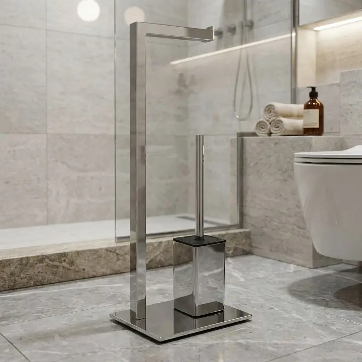 Set suport hartie igienica, baza dreptunghiulara, suport perie de toaleta si perie de toaleta, din inox, Argintiu, 22 x 18 x 60 cm [5]