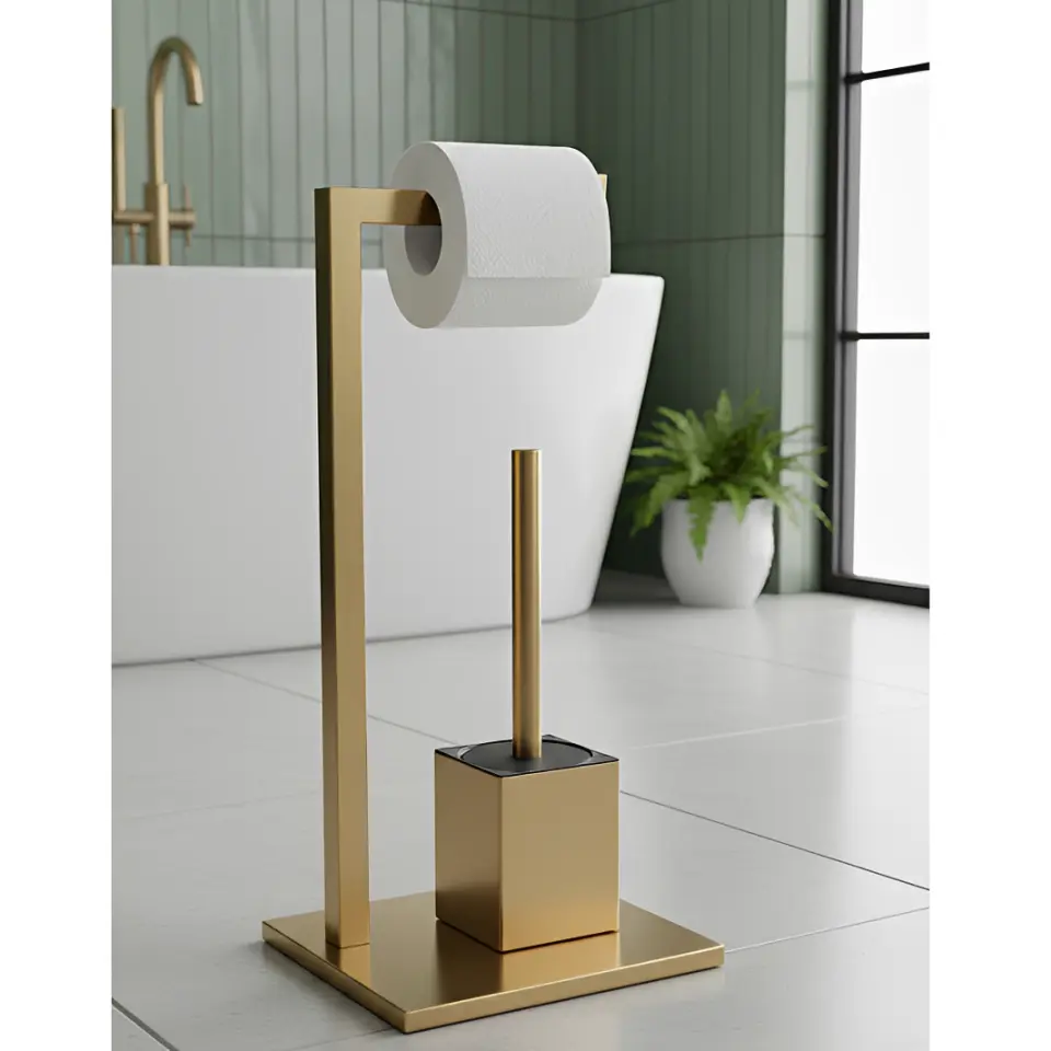 Set suport hartie igienica, baza dreptunghiulara, suport perie de toaleta si perie de toaleta, din inox, Auriu, 22 x 18 x 60 cm [6]