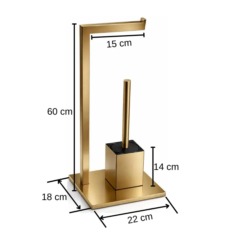 Set suport hartie igienica, baza dreptunghiulara, suport perie de toaleta si perie de toaleta, din inox, Auriu, 22 x 18 x 60 cm [3]
