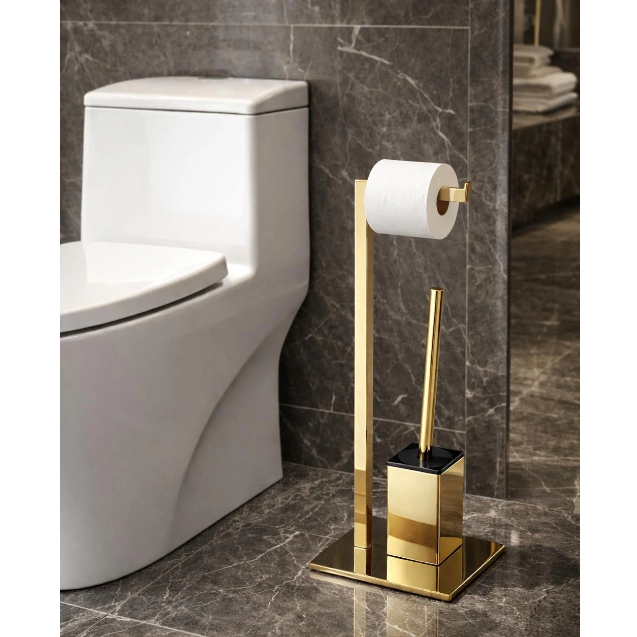 Set suport hartie igienica, baza dreptunghiulara, suport perie de toaleta si perie de toaleta, din inox, Auriu intens, 22 x 18 x 60 cm [2]