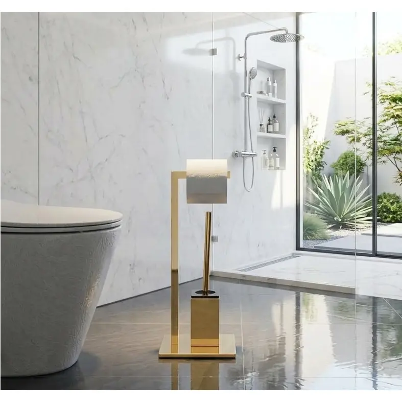 Set suport hartie igienica, baza dreptunghiulara, suport perie de toaleta si perie de toaleta, din inox, Auriu intens, 22 x 18 x 60 cm [5]