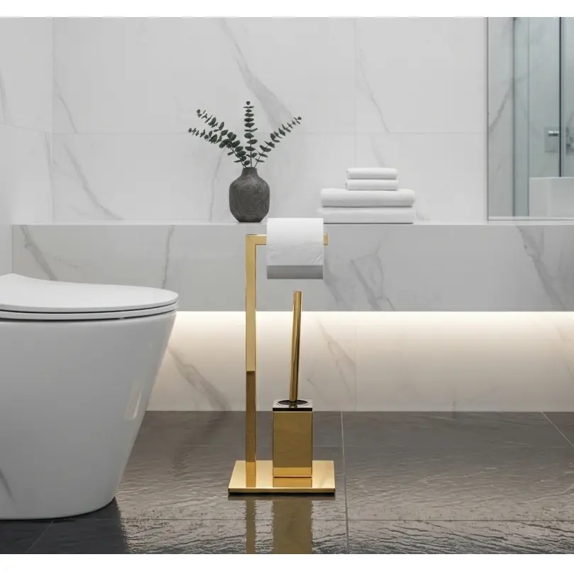 Set suport hartie igienica, baza dreptunghiulara, suport perie de toaleta si perie de toaleta, din inox, Auriu intens, 22 x 18 x 60 cm [4]