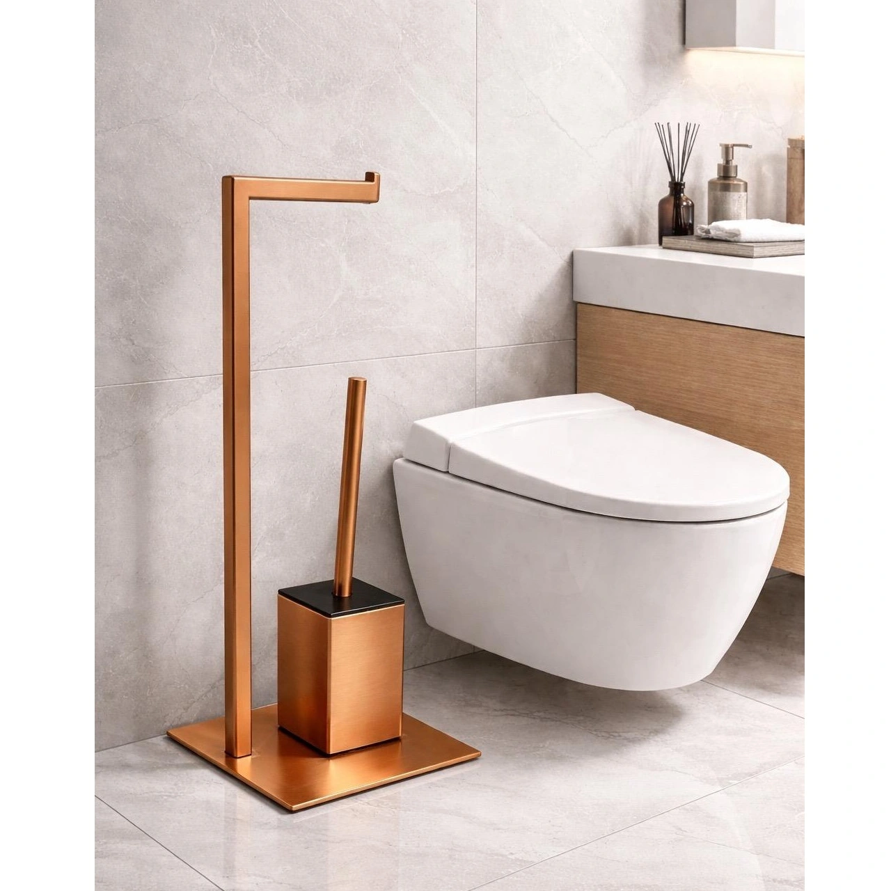 Set suport hartie igienica, baza dreptunghiulara, suport perie de toaleta si perie de toaleta, din inox, Bronz, 22 x 18 x 60 cm [2]