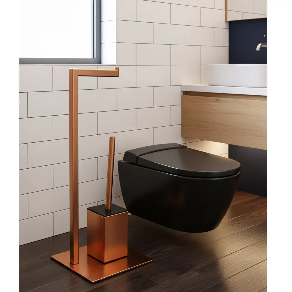 Set suport hartie igienica, baza dreptunghiulara, suport perie de toaleta si perie de toaleta, din inox, Bronz, 22 x 18 x 60 cm [4]